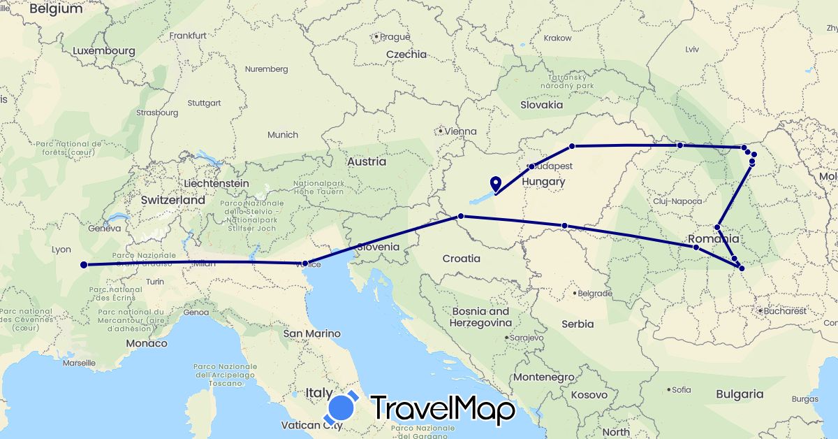 TravelMap itinerary: driving in France, Hungary, Italy, Romania (Europe)